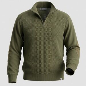 Stacy Adams Sweater Mens Large 1/4 Zip Cable Knit Olive Green Elbow Patch